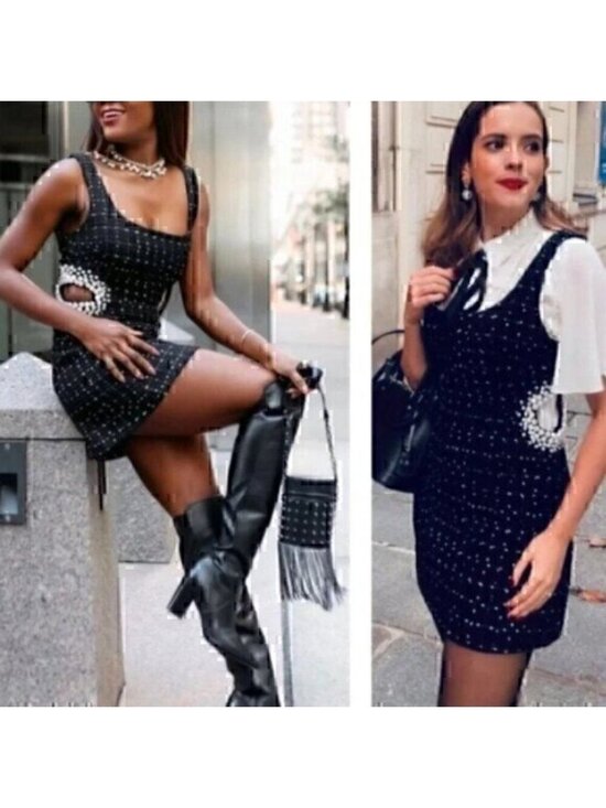 UNBRANDED Dresses & Skirts - Black Texture Tweed  Weave Cutout Mini Dress With Faux Pearls L